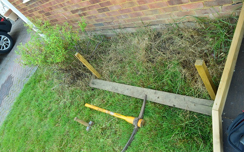 overgrown flower bed in front garden